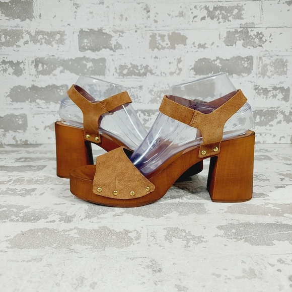 New Steve Madden Alabama Platform Suede Brown Strap Wooden Studded Sandals F659 - Picture 4 of 13